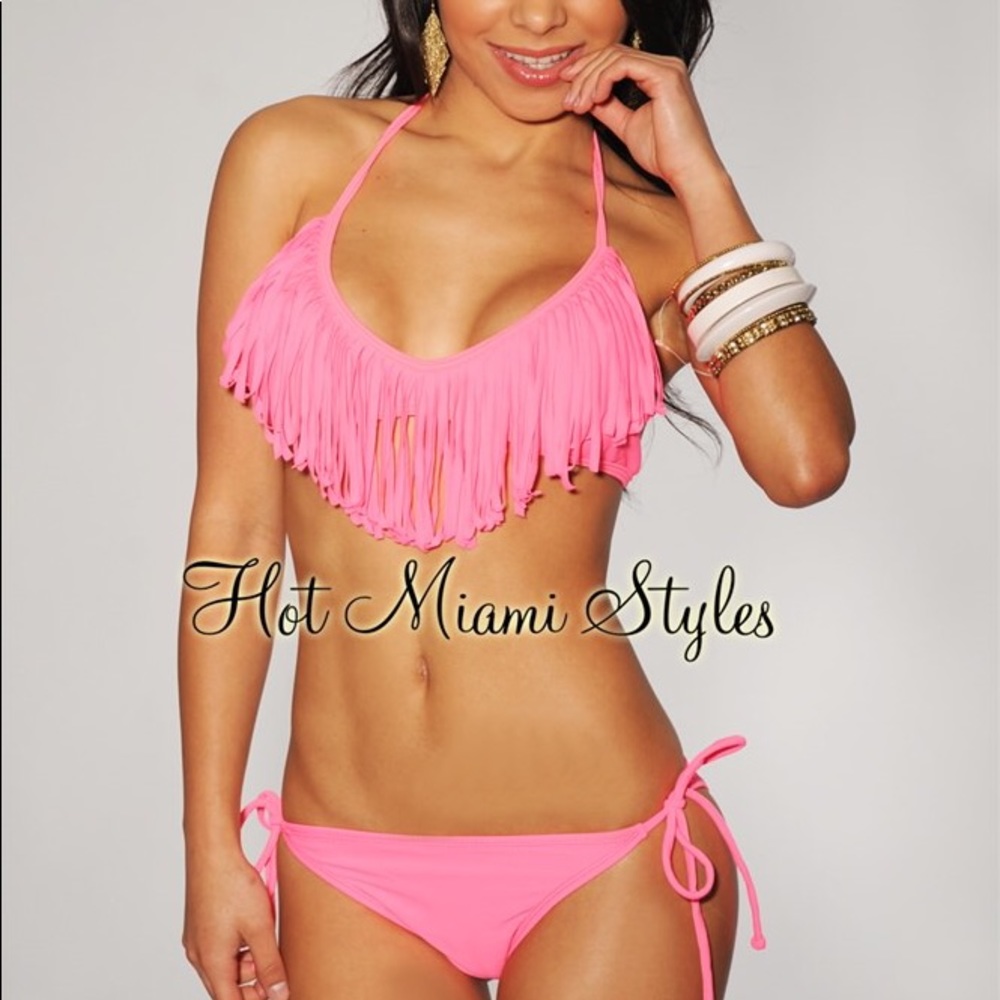 Watermelon Pink Fringe Top Scrunch Butt Bikini